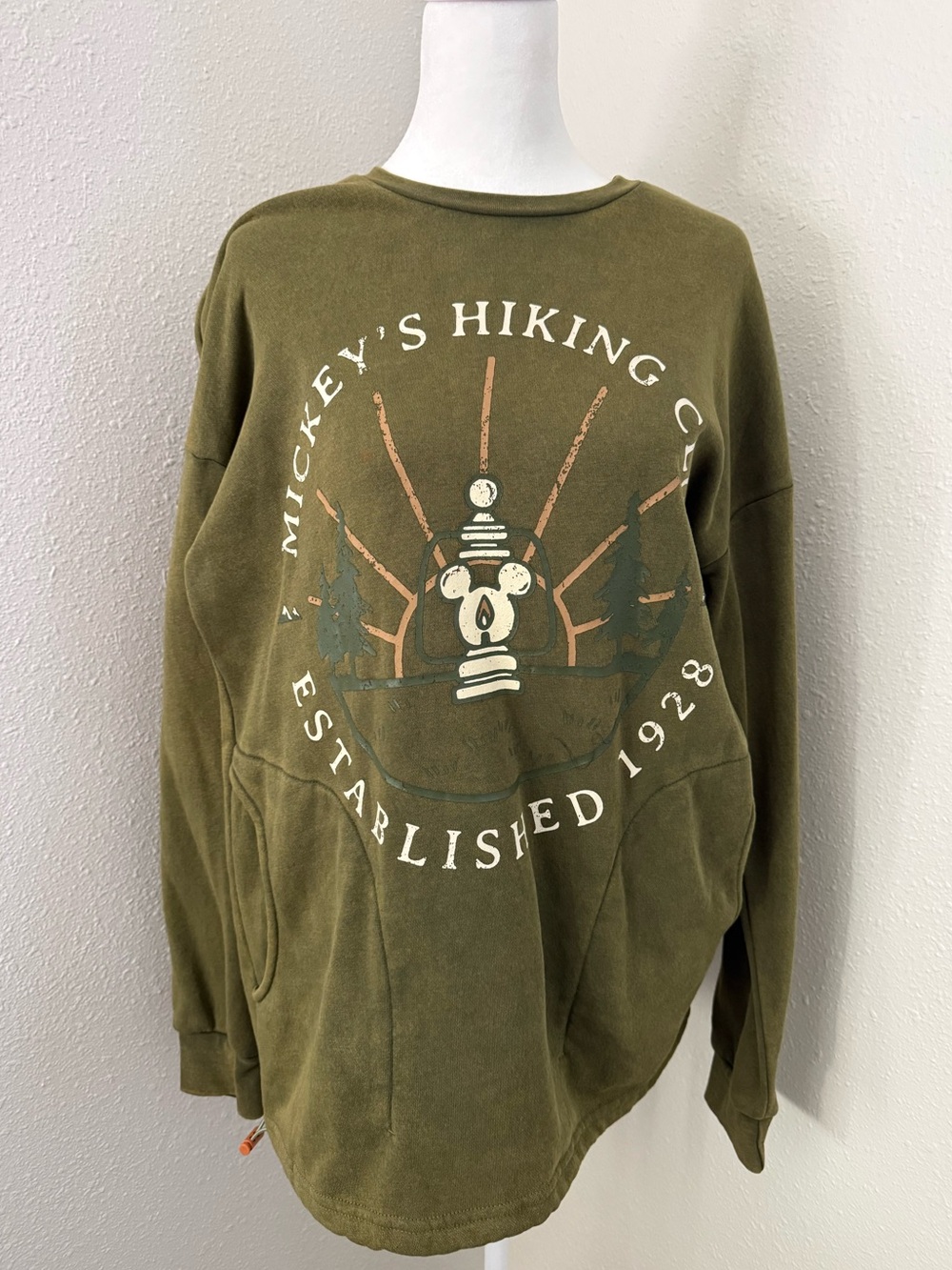 Disney Our Universe Mickey’s Hiking Club Crewneck Sweatshirt Small Olive Green